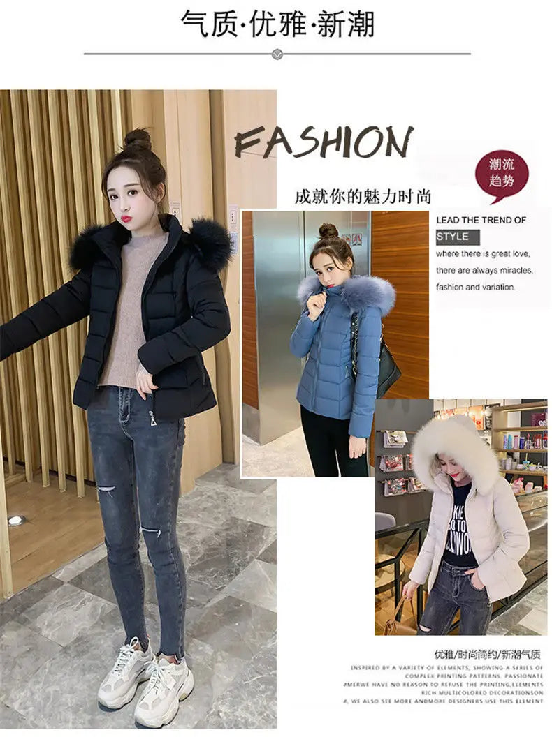 Fashion Winter Jacket Women 2025 New Korean Big Fur Collar Hooded Thick Down Parkas Female Short Coat Slim Warm Outerwear R047