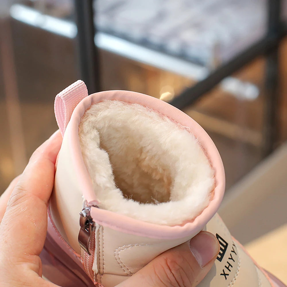 PU Leather Snow Boots For Children Waterproof Thick Warm Girl's Plush Boots Faux Fur Winter Cotton Shoes For Teenager Kids