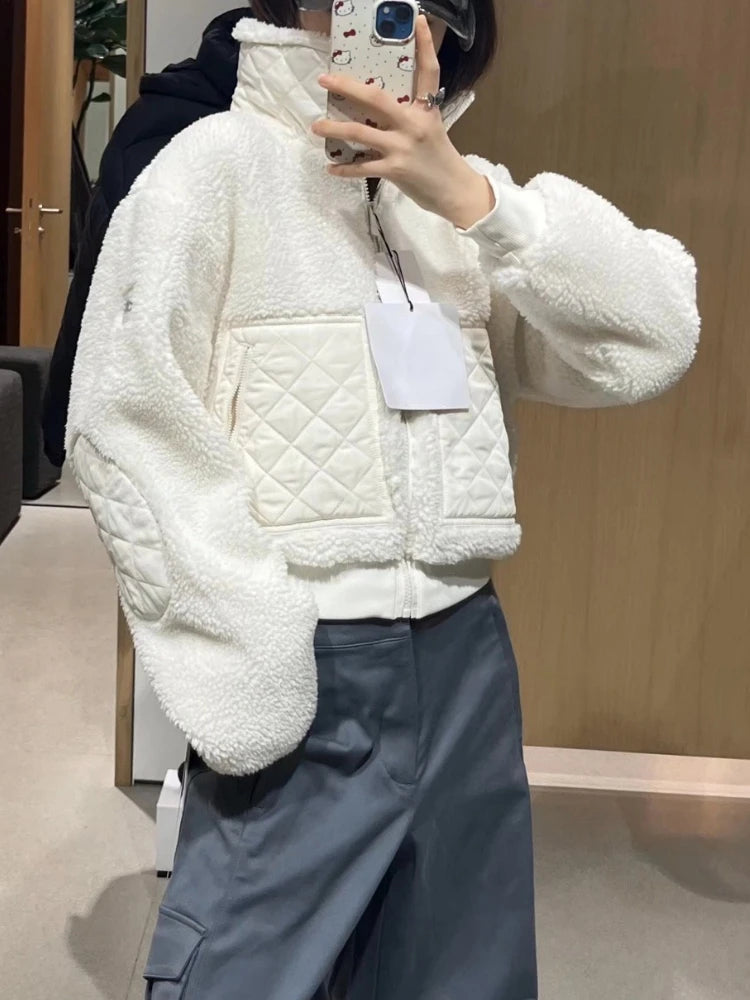 Winter Women‘s Lamb Fleece Jacket Casual Fashion Thick Warm Short Coat Stand Collar Zipper Loose Solid Long Sleeve Jackets Women