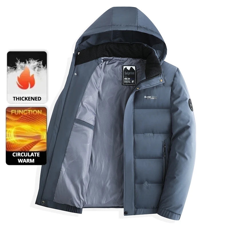 Men's Autumn Winter Quilted Parka Jacket with Thickened Lining – Hooded Standing Collar Windbreaker Coat for Middle-Aged Warmth