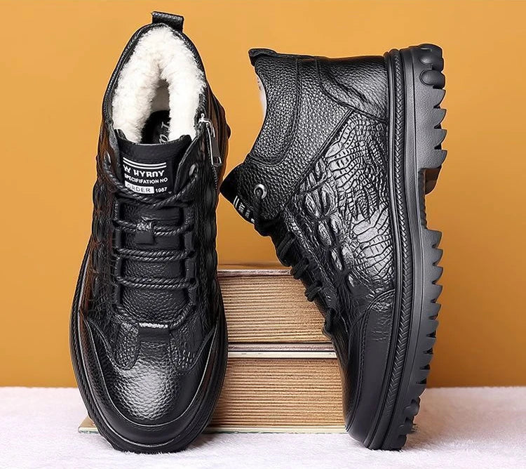 Snow Boots for Men Black High Top Lace Up Leather Winter Shoes Man Waterproof Casual Fashion Footwear Quality Fleece New in Fur