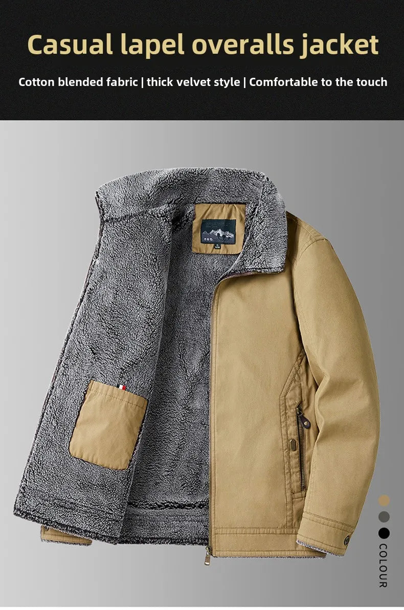 Autumn Winter Men's Jacket High Quality Clothing Thick Sheep Fur Collar Velvet Windproof Coat Male Casual Soft Fleece Warm Parka