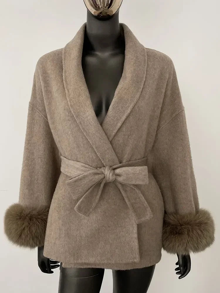 2024 New Winter Jacket for Women Natural Fox Fur Collar Thickened Warm Cashmere Wool Double-sided Coat Fashion V-neck Commuting