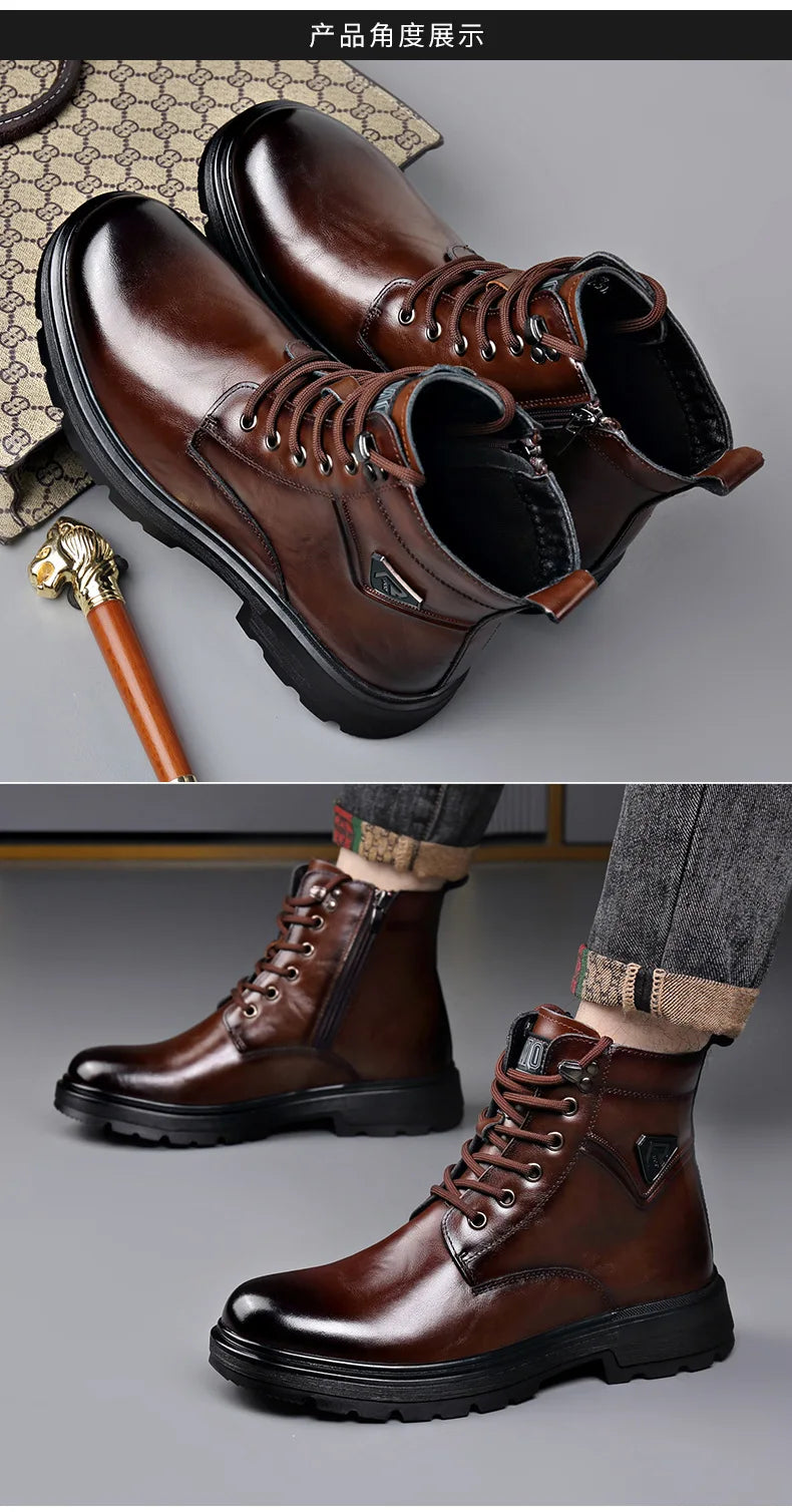 Autumn Winter Side Zipper Genuine Leather Boots for Men Fashion Casual Warm Cotton Work Shoes Man New Designer Ankle Boots Male