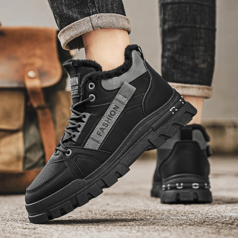 Men's plus size warm and velvet work boots soft-sole anti-slip high-top boots winter fashion youth comfort outdoor cotton boots