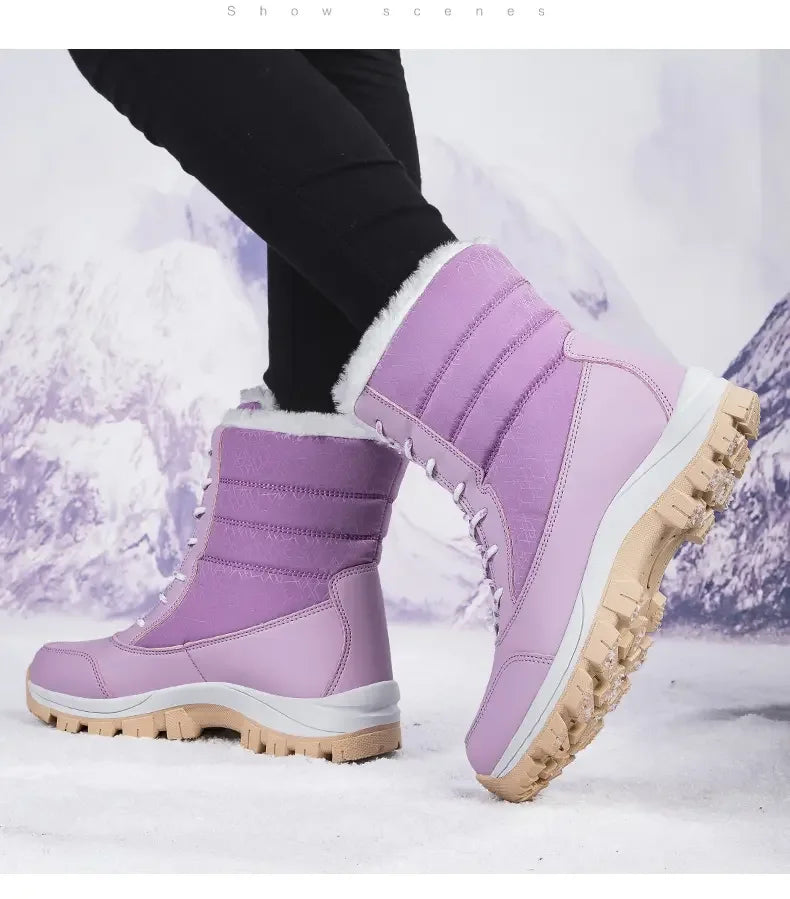 2025 Winter Women's Waterproof High Heel Boots Strap Up Flat Heel Boots Warm Snow Shoes, Plush Outdoor Fashion Casual Boots