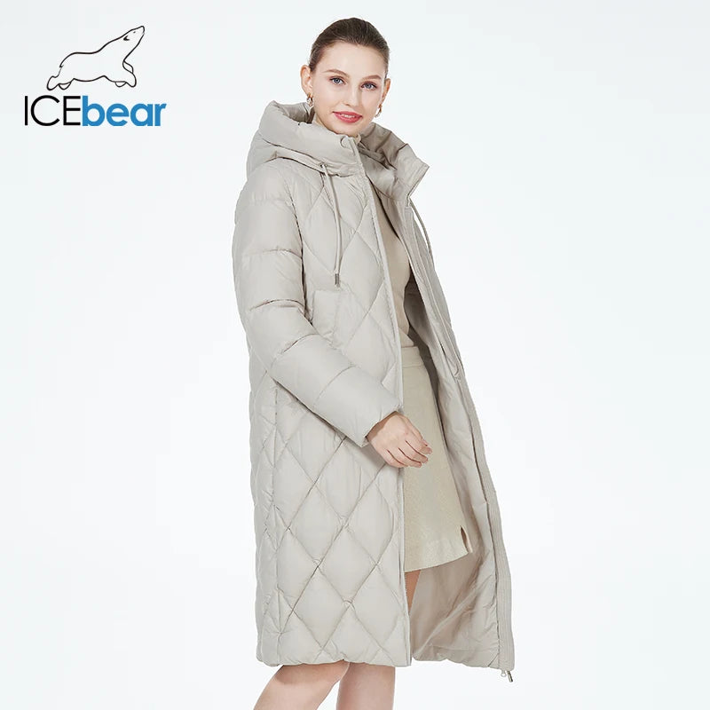 ICEbear-Women's Diamond Quilted Jacket, Lengthened Style, Padded Parka, Warm Cotton Coat, Lengthened, Winter, 2023, GWD22631D