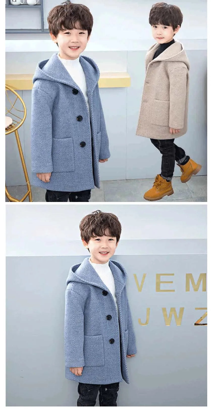 Winter Woolen Jacket For Boy New 2024 Korean Version Fashion Thickening Handsome Mid-Length Keep Warm Casual Children's Clothing