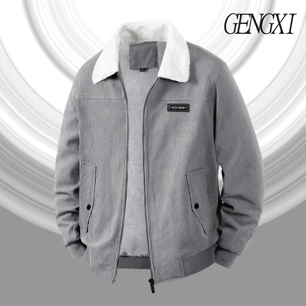 Winter New Arrival: Warm-Weather Corduroy Jacket Men's Fleece-Lined, Thickened Letter-Label Collared Jacket Fashionable Menswear