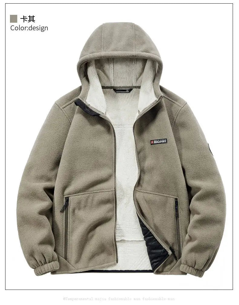 Men's Outdoor Sport Hooded Sweatshirt Jacket Warm Fleece Liner Windproof Softshell Inner Polar Fleece Coat with Zipper & Pockets