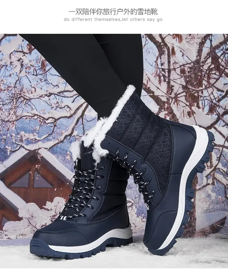 2025 Winter Women's Waterproof High Heel Boots Strap Up Flat Heel Boots Warm Snow Shoes, Plush Outdoor Fashion Casual Boots