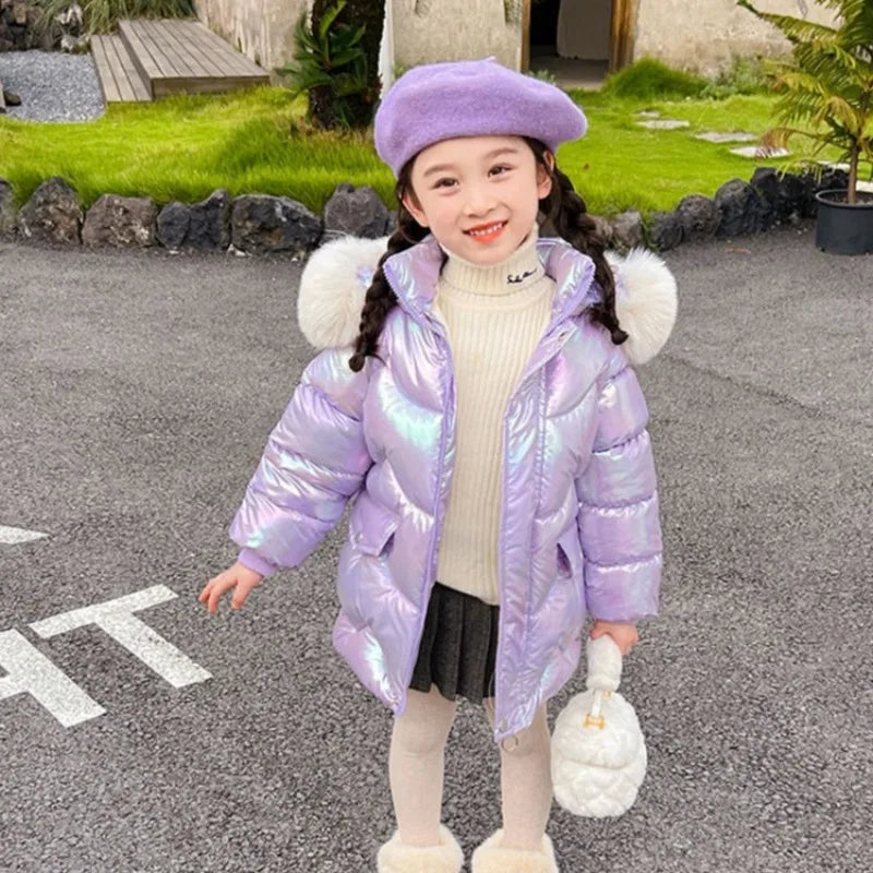 Winter Girls Down Jacket with Faux Fur Lining - Thermal Insulation Windproof Stain Resistant Coat for Medium To Large Kids