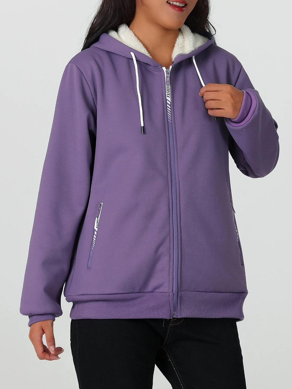 A Winter Women's Jacket, Fleece-Lined and Thickened for Warmth, Loose Casual Women's Outerwear, Polyester Fabric, Zip-Up Front, Side Zipper Pockets, Solid Color Hooded Jacket, Hidden Large Pockets Inside