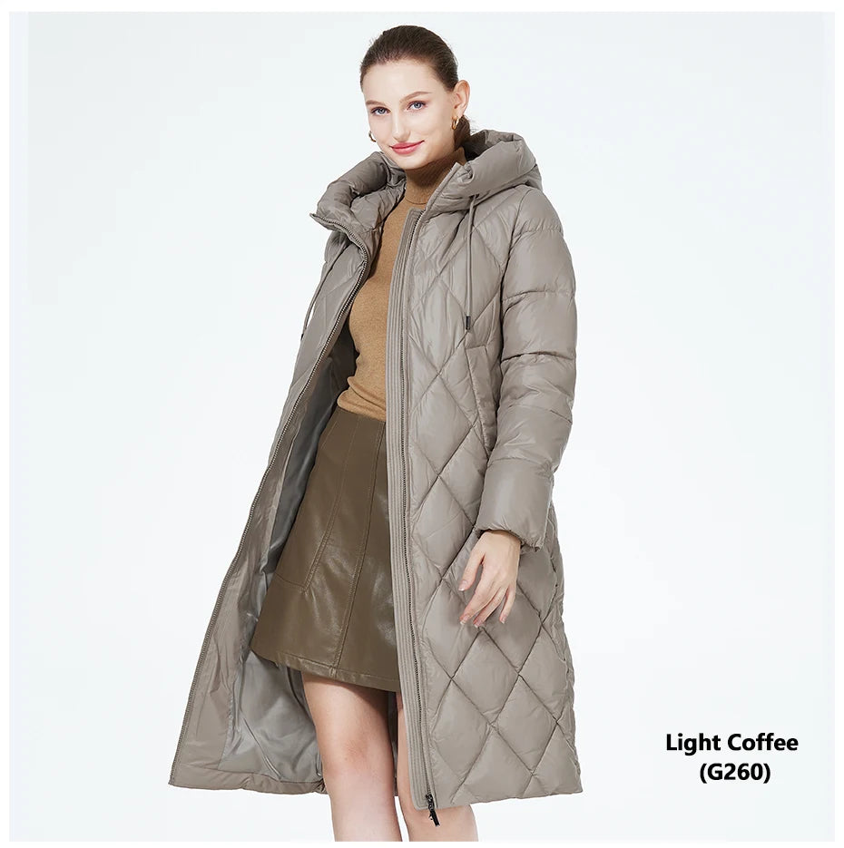 ICEbear-Women's Diamond Quilted Jacket, Lengthened Style, Padded Parka, Warm Cotton Coat, Lengthened, Winter, 2023, GWD22631D