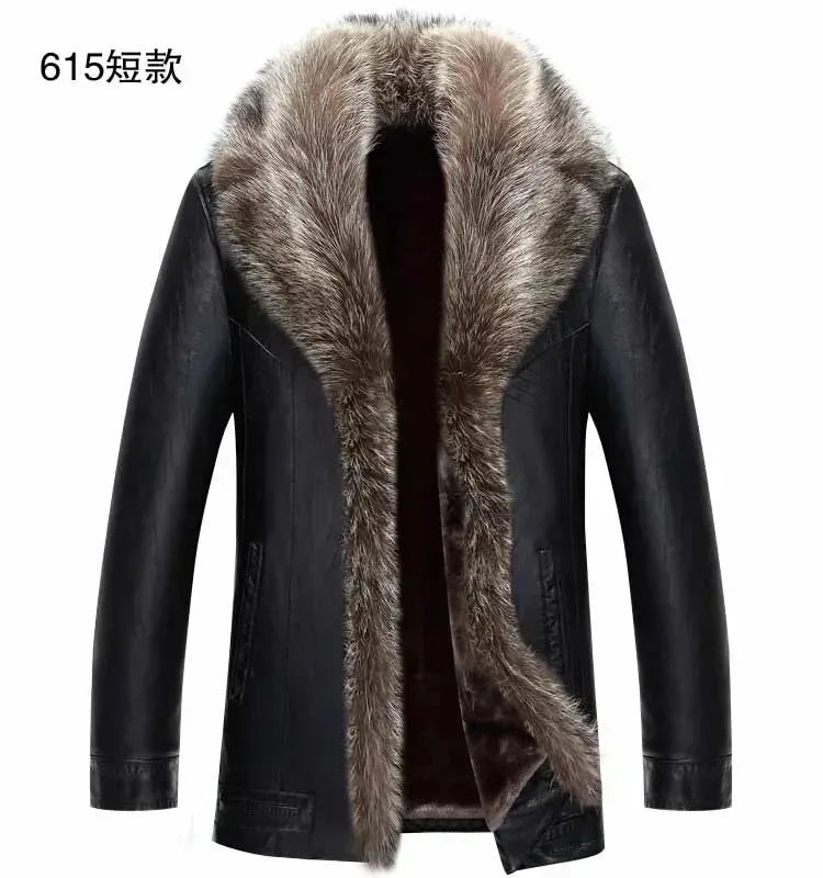 Winter New Leather Jacket for Men Short Plush Thickened Jackets 2025 Men's Raccoon Fur Collar Lapel Coats Jaqueta Couro