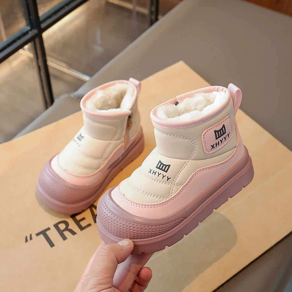 PU Leather Snow Boots For Children Waterproof Thick Warm Girl's Plush Boots Faux Fur Winter Cotton Shoes For Teenager Kids