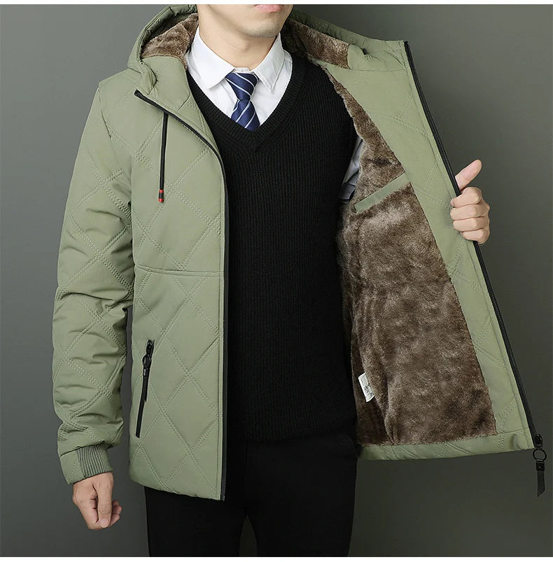 Winter Hooded Jacket Men Windproof Warm Business Casual Men Coats Blazers for Men Formal Social Jacket Solid Color Thick Coat