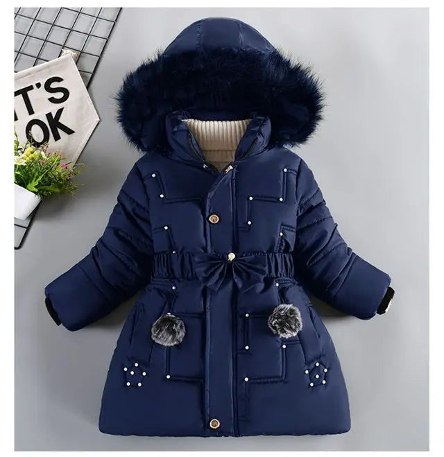 Thick Keep Warm Winter Girls Jacket Detachable Hat Plush Collar Hooded Padded Lining Coat For Kids Children Birthday Present