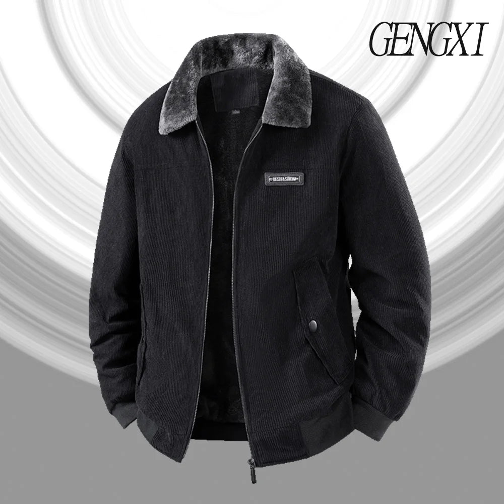 Winter New Arrival: Warm-Weather Corduroy Jacket Men's Fleece-Lined, Thickened Letter-Label Collared Jacket Fashionable Menswear