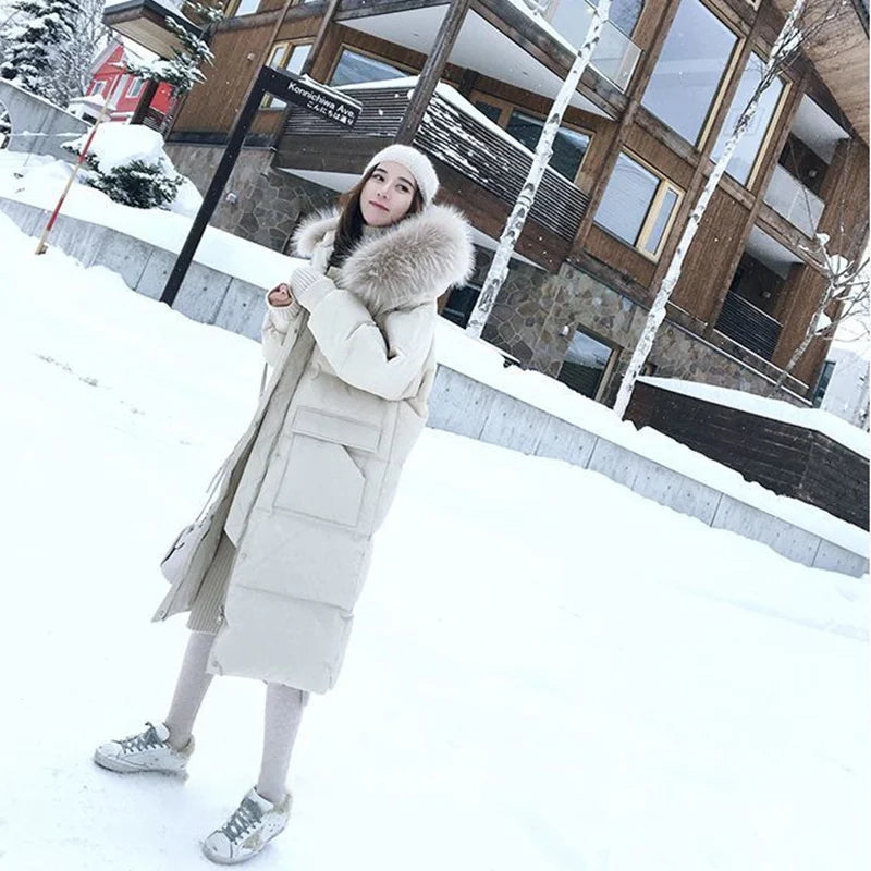 Winter Down Cotton Jacket Women's Winter Hooded Faux Fur Collar Coat Warm Parkas Snow Outwear Oversized Long Winter Jacket C363