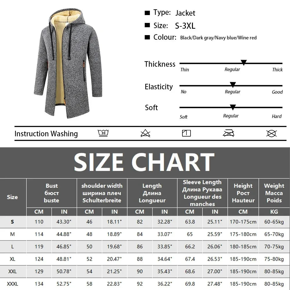 Winter Men's Thickened Hoodies Jacket Outdoor Warm Zipper Long Sleeve Sweatshirts Cardigan Streetwear Solid Color Tops Overcoat