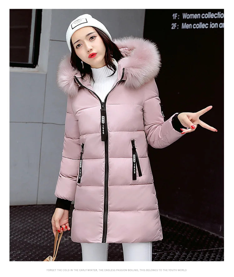 Women Parkas Hooded Long Sleeve Fur Collar Solid Thick Midi Parka Zipper Pockets Casual Warm Coat Outerwear Winter 2024