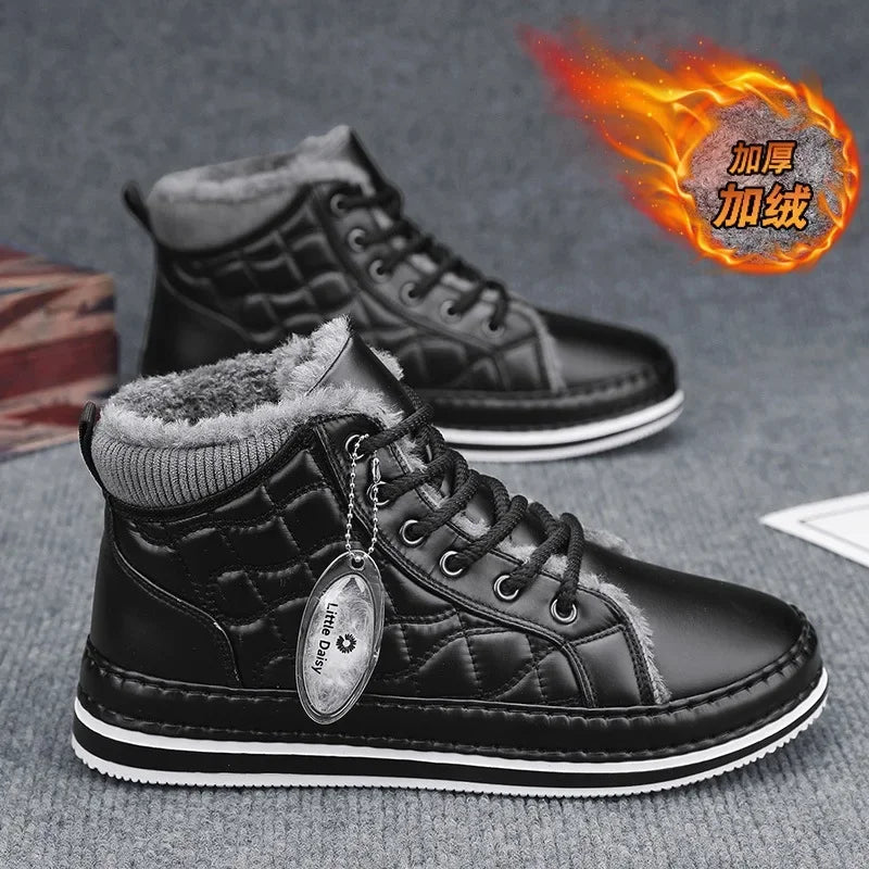 Winter New Shoes for Men Fur Boots High Tops Leather Warm Plush Casual Shoes Outdoor Snow Boots