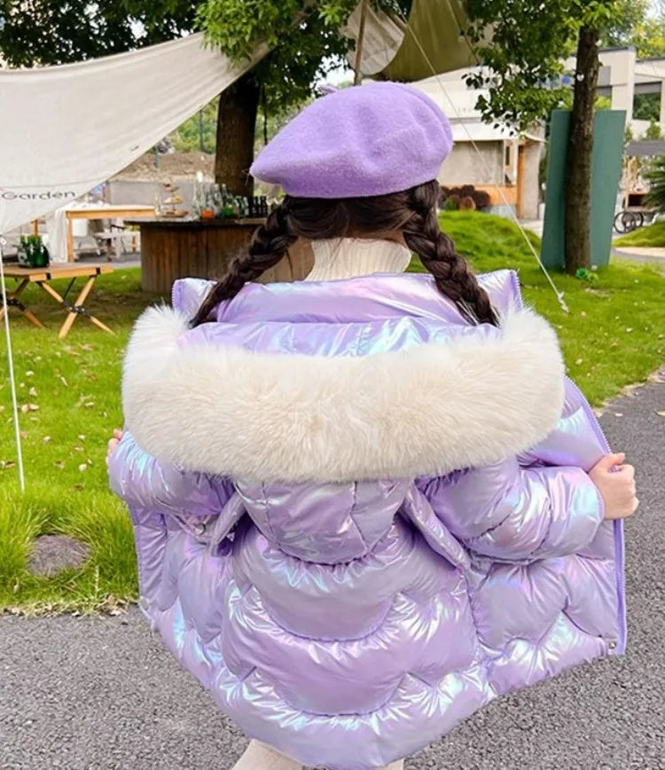 Winter Girls Down Jacket with Faux Fur Lining - Thermal Insulation Windproof Stain Resistant Coat for Medium To Large Kids