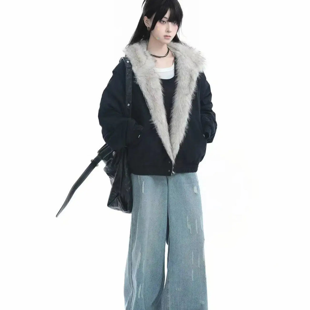 Winter plush jacket American log warm jacket men and women retro stylish hip-hop simple loose leather motorcycle punk jacket