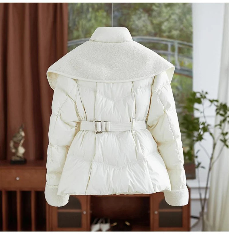 2025 New Winter Jacket Coat Female Parkas Fashion Lamb Wool Double Collar Short Belt Warm Down Cotton Jacket Women Outerwear Top