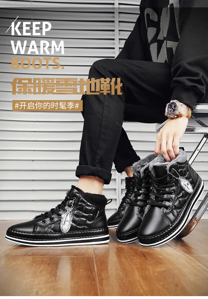 Winter New Shoes for Men Fur Boots High Tops Leather Warm Plush Casual Shoes Outdoor Snow Boots