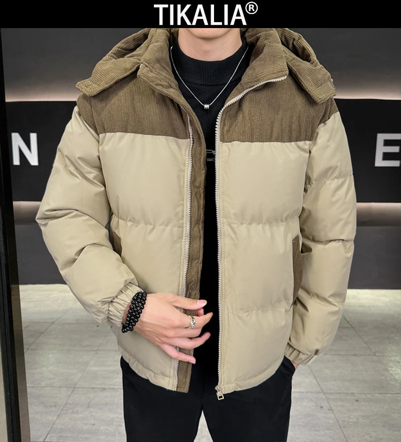 Winter Parka Jacket Men Removable Hood Thicken Keep Warm Cold Weather Windproof Coats Patchwork Cotton Padded Puffer Jacket