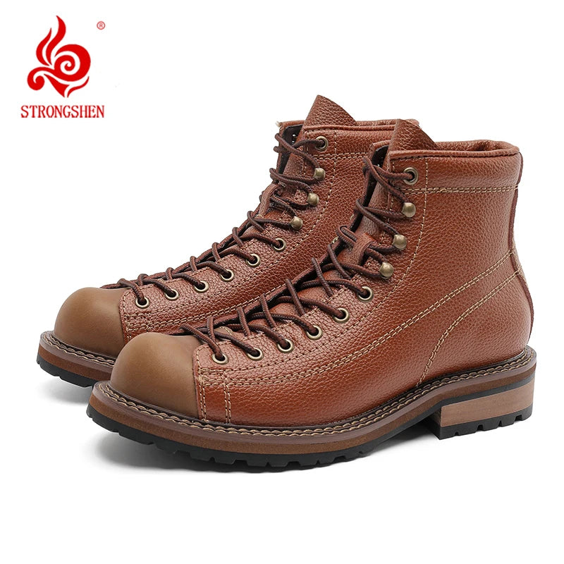 Men Leather Boots Vintage Work High Top Men's Shoes British Style Men's Leather Boots Spring Non Slip Lace Up Platform Shoes Man