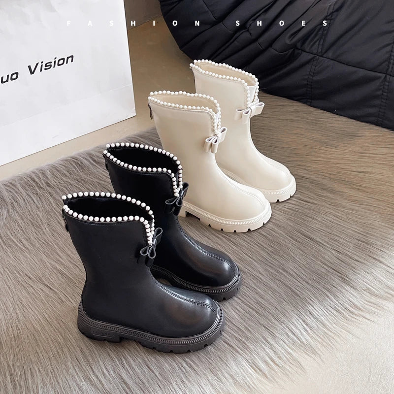 Winter girls' shoes 2025 new soft soled fashionable princess boots anti slip outdoor zipper children's leather boots