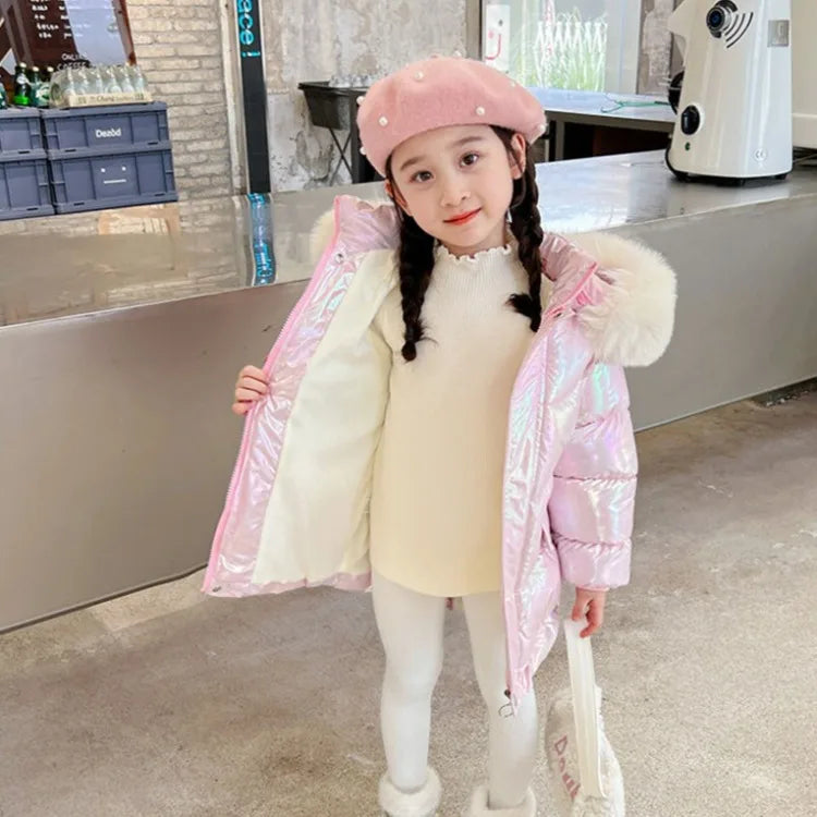 Winter Girls Down Jacket with Faux Fur Lining - Thermal Insulation Windproof Stain Resistant Coat for Medium To Large Kids