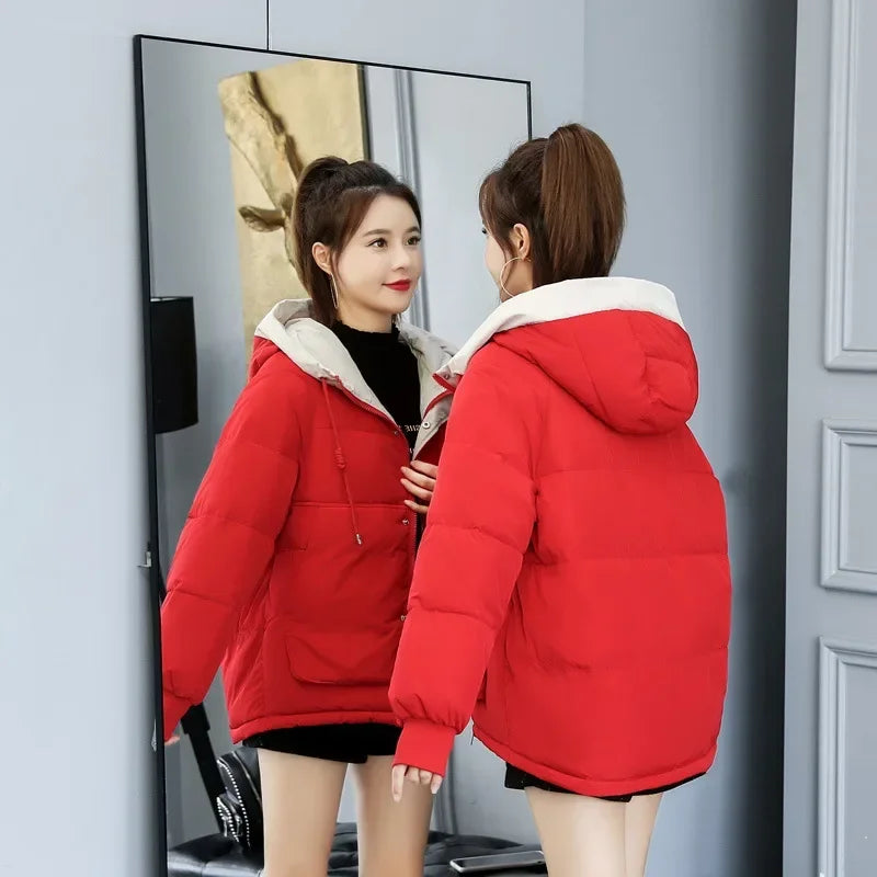 Women's Winter Jacket Cotton Padded Short Coat Ladies Students Long Sleeved Hooded Warm Outwear