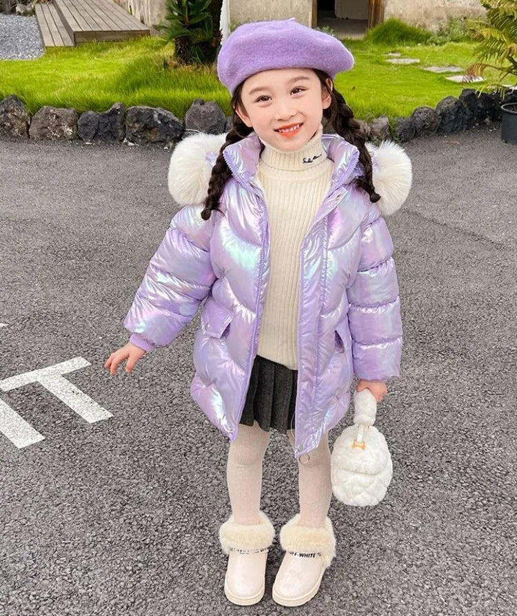 Winter Girls Down Jacket with Faux Fur Lining - Thermal Insulation Windproof Stain Resistant Coat for Medium To Large Kids