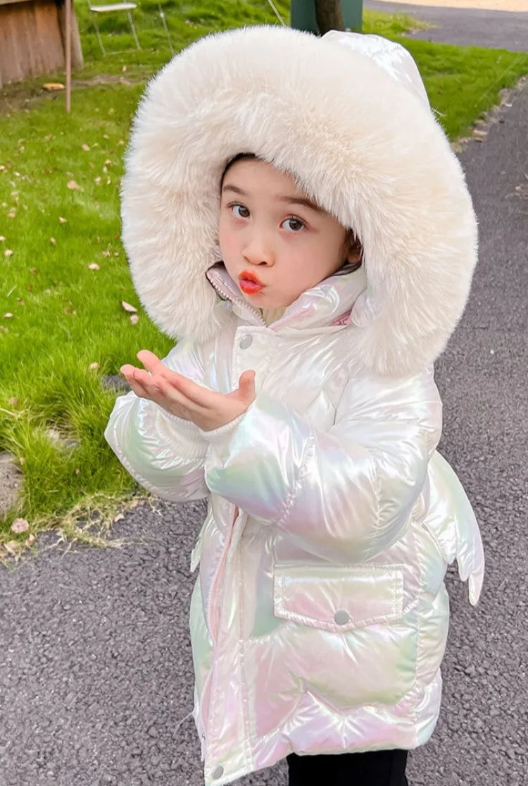 Winter Girls Down Jacket with Faux Fur Lining - Thermal Insulation Windproof Stain Resistant Coat for Medium To Large Kids