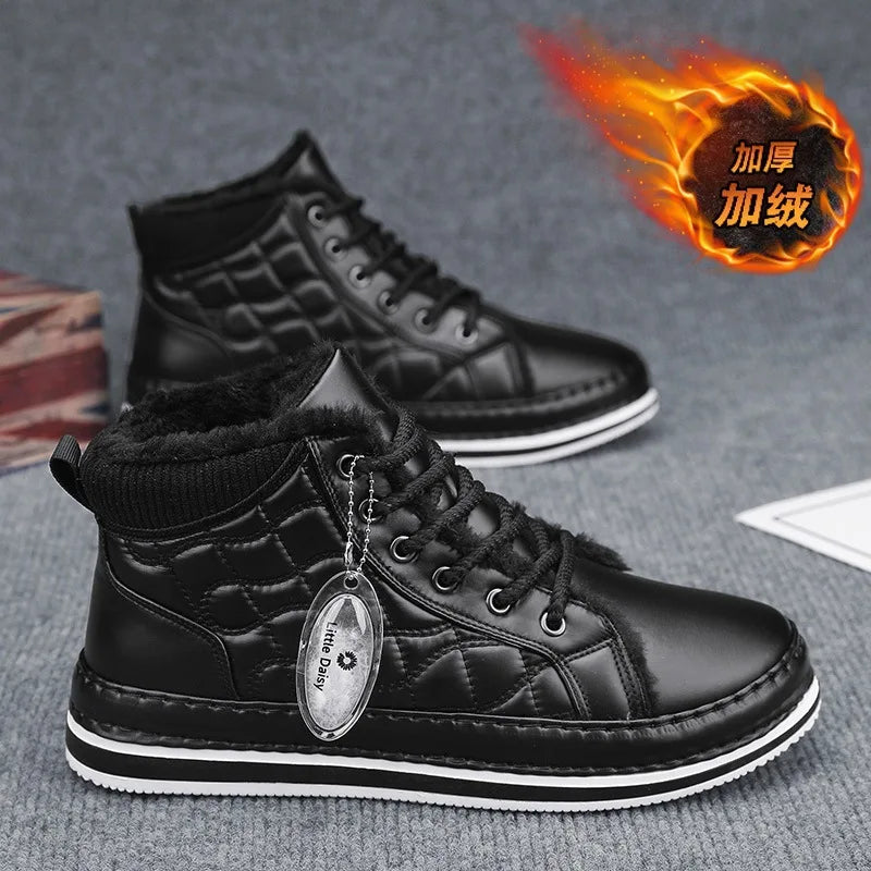 Winter New Shoes for Men Fur Boots High Tops Leather Warm Plush Casual Shoes Outdoor Snow Boots