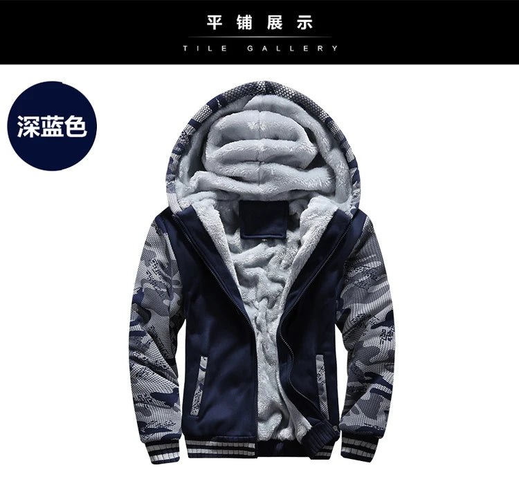 Winter Jacket Men Warm Coat Thick Fleece Male Zipper Hooded Jackets Casual Hooded Sportswear Outerwear Long Sleeves Sports Hoody