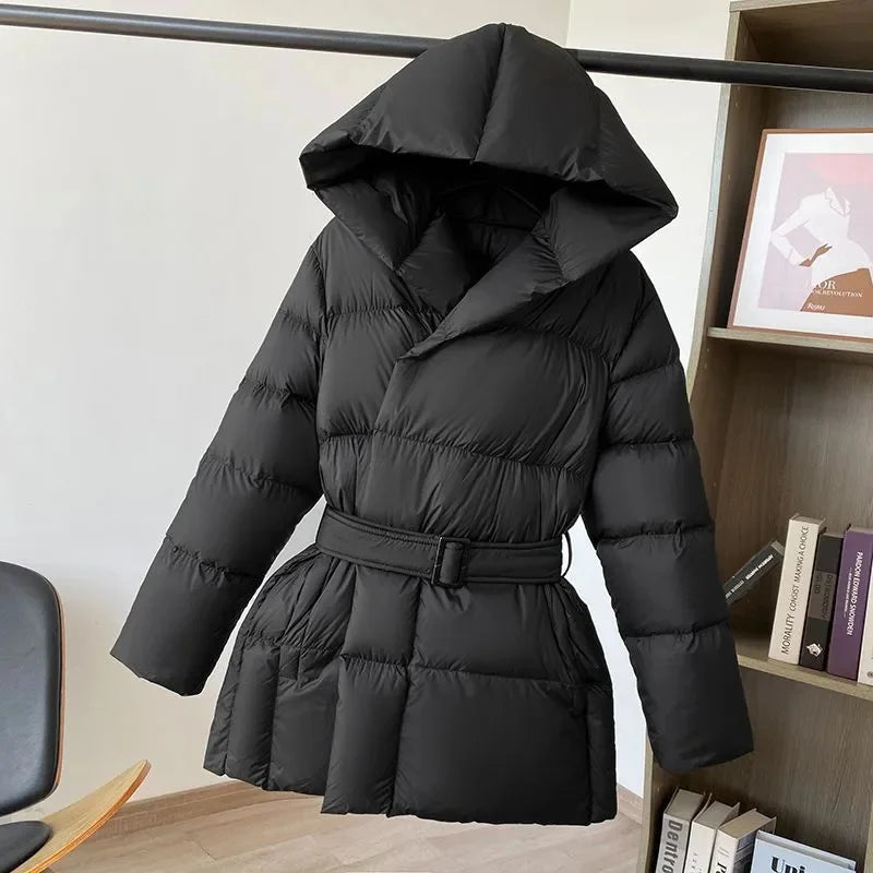 2025 New Winter Jacket Women Warm Parkas Long Sleeve Tops Casual Cotton Padded Jackets Belt Black Brown Hooded Outwear Female