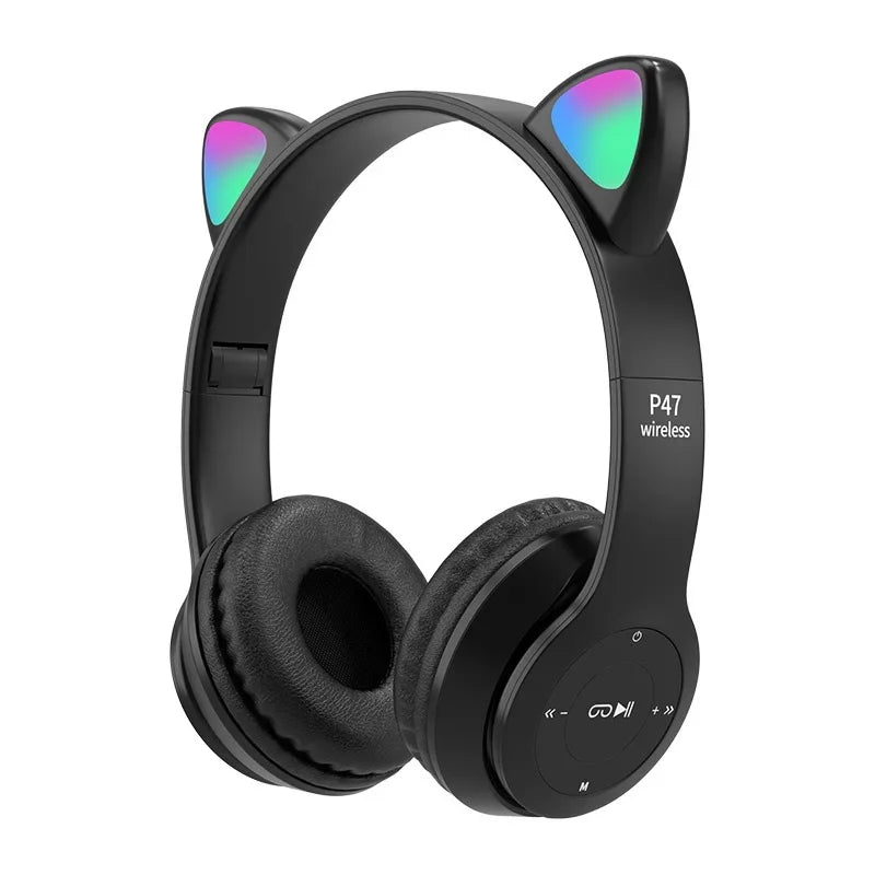 P47M Wireless Headphone Flash Light Cute Cat Ears Fone with Mic Control LED Stereo Music Helmet Phone Bluetooth Headset Gift
