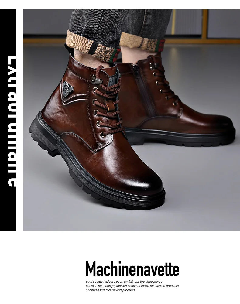 Autumn Winter Side Zipper Genuine Leather Boots for Men Fashion Casual Warm Cotton Work Shoes Man New Designer Ankle Boots Male