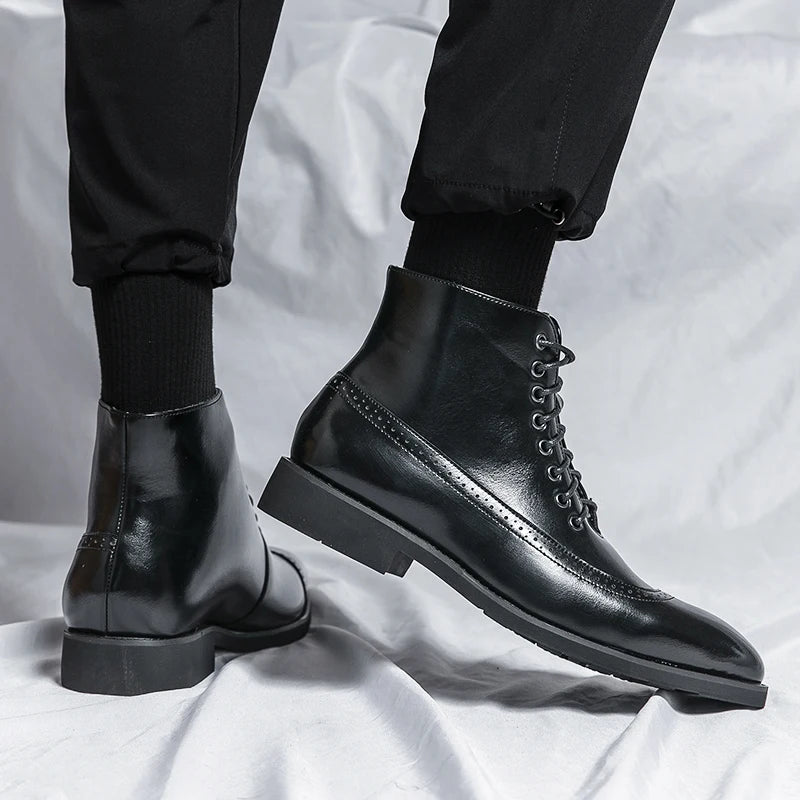 Winter Trend High Top Workwear Shoes Tips Thick Soles for Men's Business Dress Shoes British Style Men's Leather Ankle Boots
