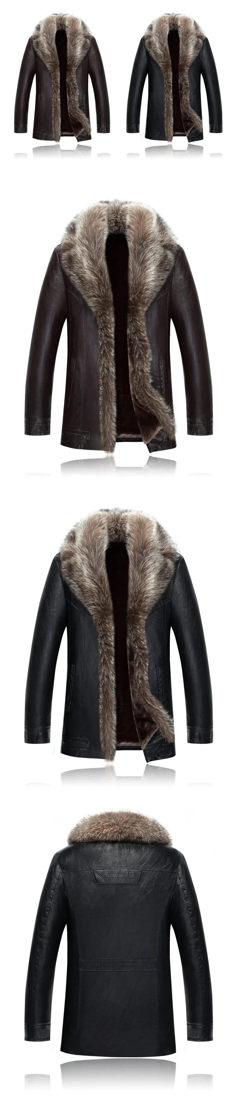 Winter New Leather Jacket for Men Short Plush Thickened Jackets 2025 Men's Raccoon Fur Collar Lapel Coats Jaqueta Couro