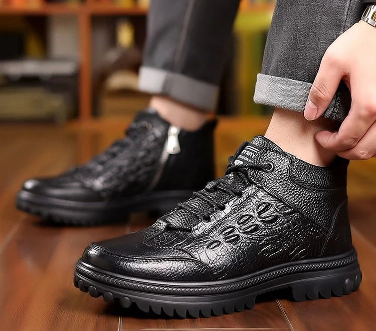 Snow Boots for Men Black High Top Lace Up Leather Winter Shoes Man Waterproof Casual Fashion Footwear Quality Fleece New in Fur