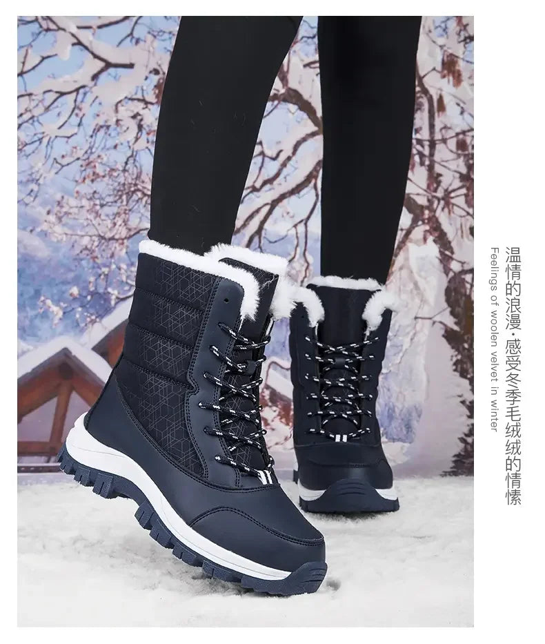 2025 Winter Women's Waterproof High Heel Boots Strap Up Flat Heel Boots Warm Snow Shoes, Plush Outdoor Fashion Casual Boots