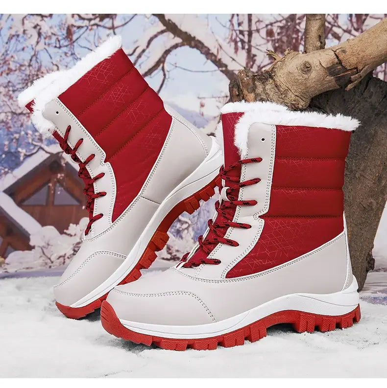 2025 Winter Women's Waterproof High Heel Boots Strap Up Flat Heel Boots Warm Snow Shoes, Plush Outdoor Fashion Casual Boots