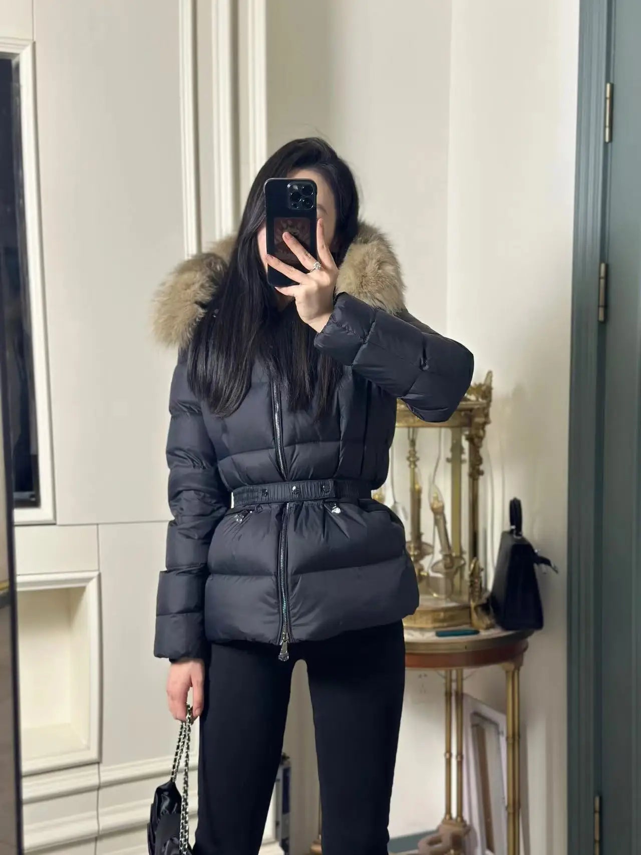 Winter Big Fur Collar Hooded Thickened Warm Jacket Korean Fashion Belt Slim Jacket Women Office Lady Solid Color Versatile Coat