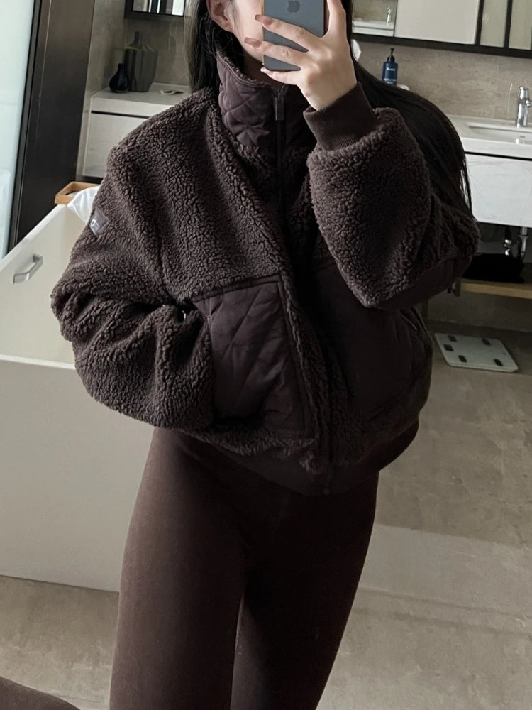 Winter Women‘s Lamb Fleece Jacket Casual Fashion Thick Warm Short Coat Stand Collar Zipper Loose Solid Long Sleeve Jackets Women
